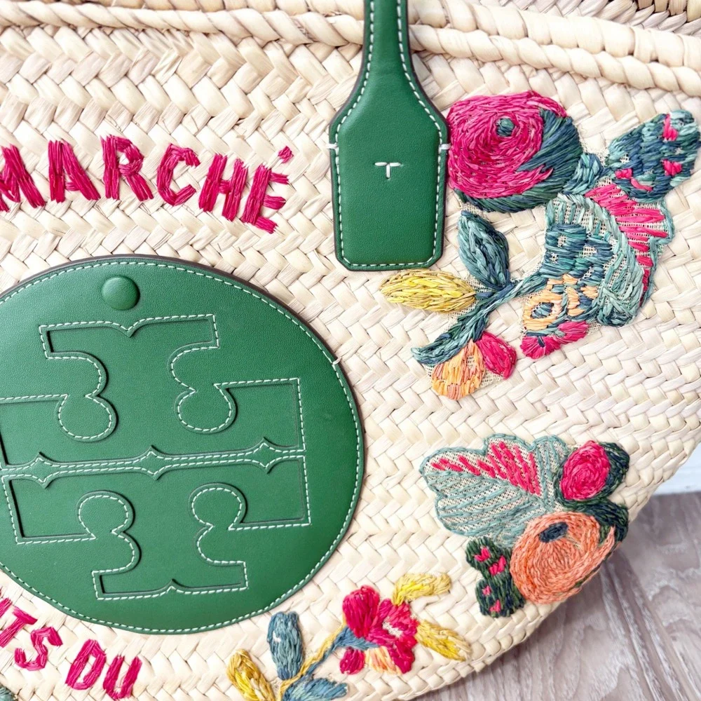 Tory Burch x Doum Womens Hand Woven Embroidered Fruit Ella Basket Tote Bag Large